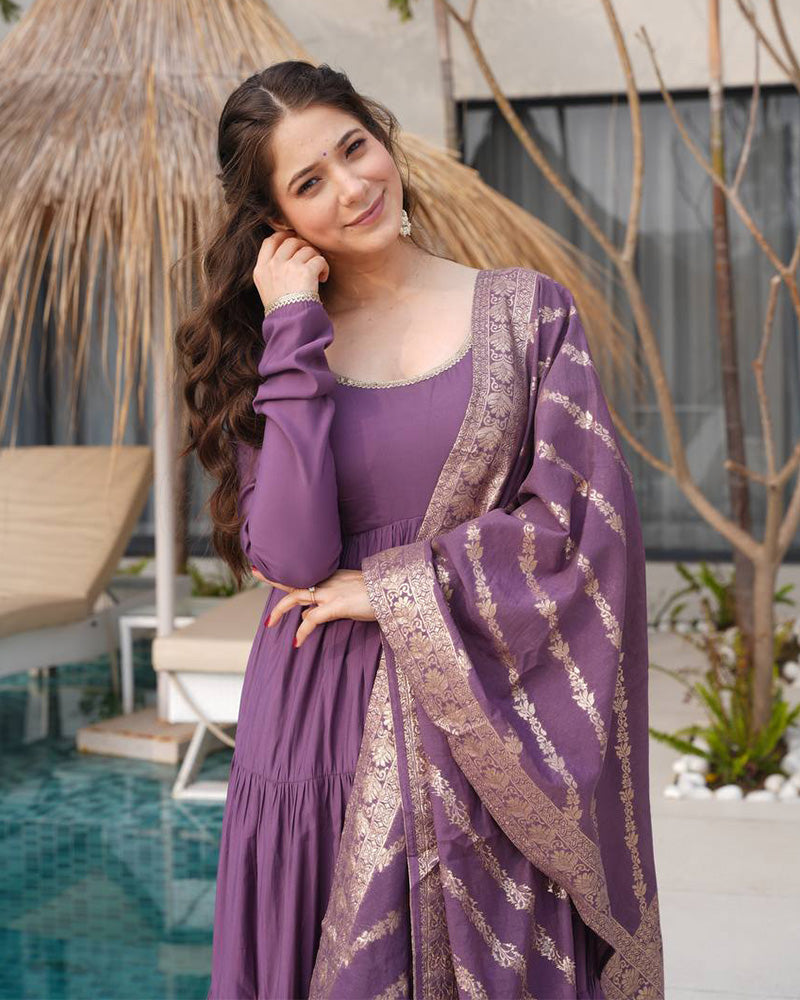 Dusty Purple Color Pure Chanderi Silk Frill Style Anarkali Suit