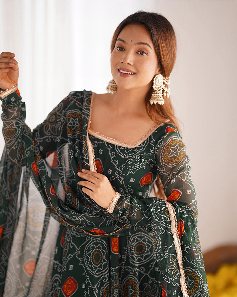 Green Color Bandhej Print Soft Chiffon Anarkali Gown