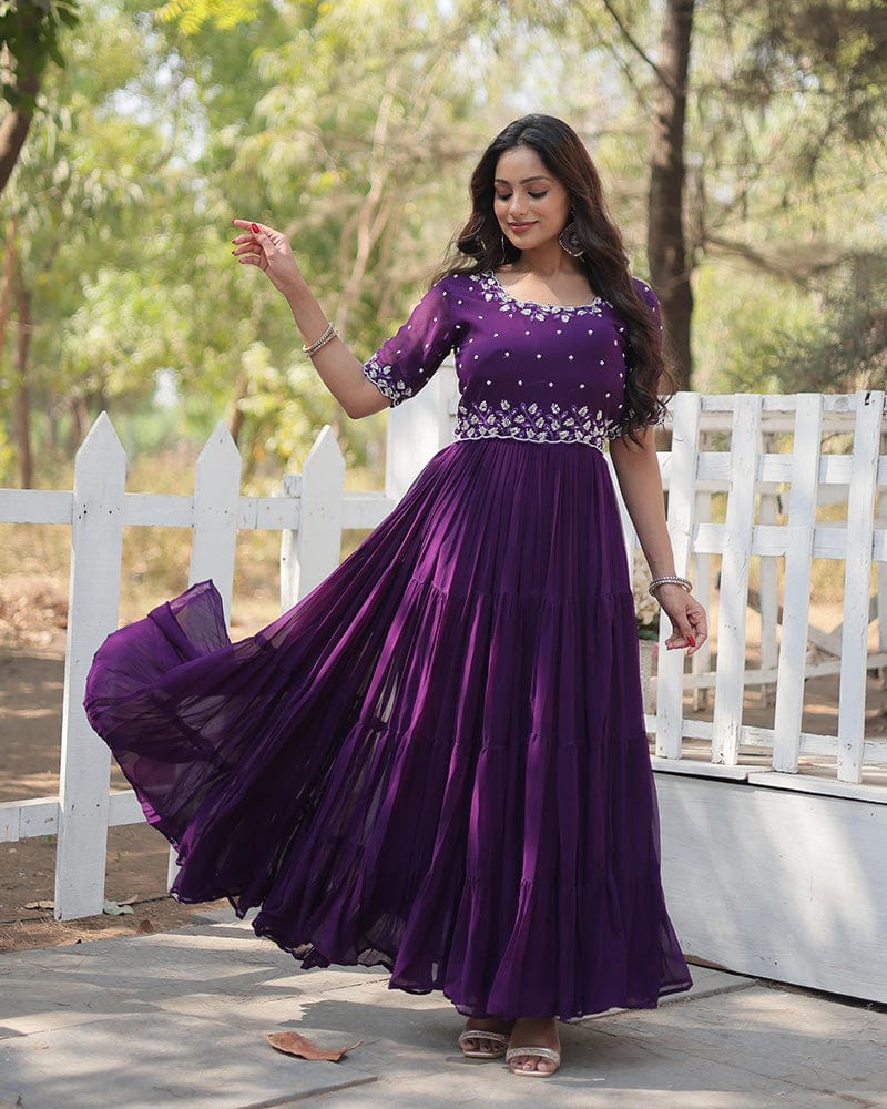 Purple Color Faux Blooming Embroidered Anarkali Gown