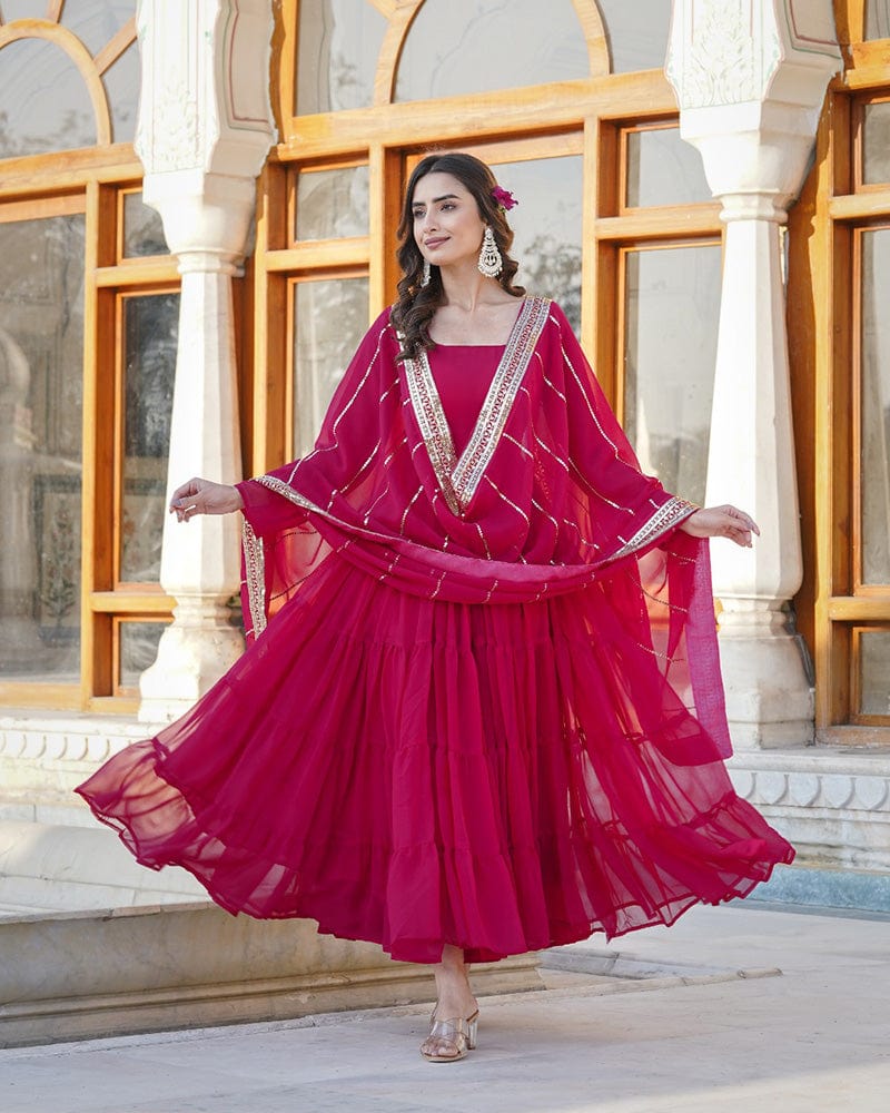 Rani Pink Color Five layer Georgette Anarkali Gown With Dupatta