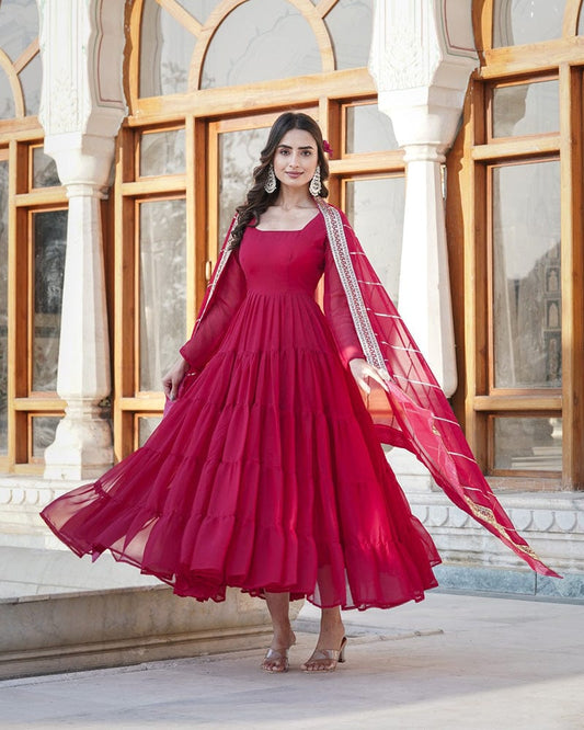 Rani Pink Color Five layer Georgette Anarkali Gown With Dupatta