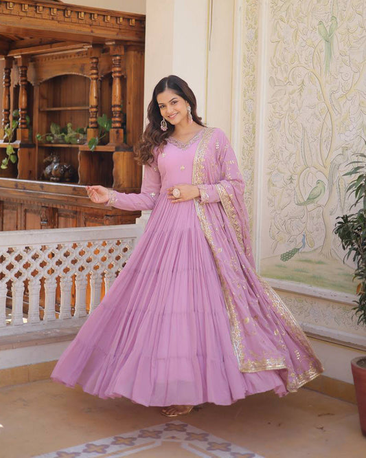 Laveneder Color Faux Georgette Designer Anarkali Gown With Dupatta