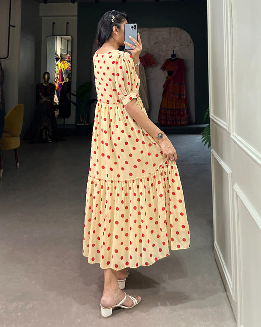 Cream Color Georgette Dot Printed Long Kurti