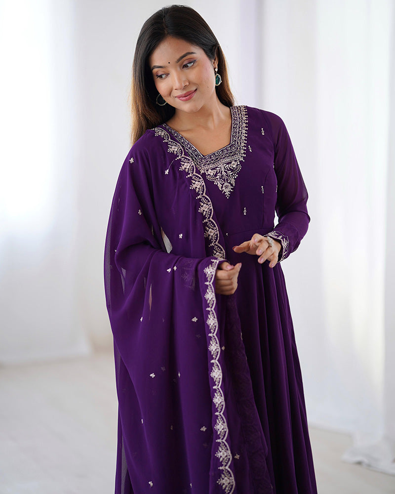 Purple Color Georgette Embroidered Three Piece Anarkali Suit