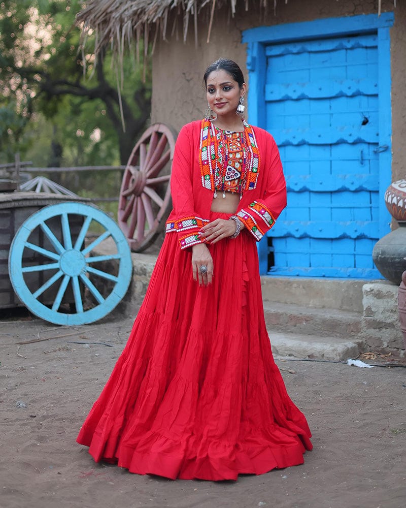 Red Color Rayon Embroidered Navratri Lehenga Choli