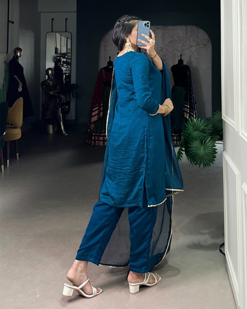 Blue Color Vichitra Silk Three Piece Kurti Suit