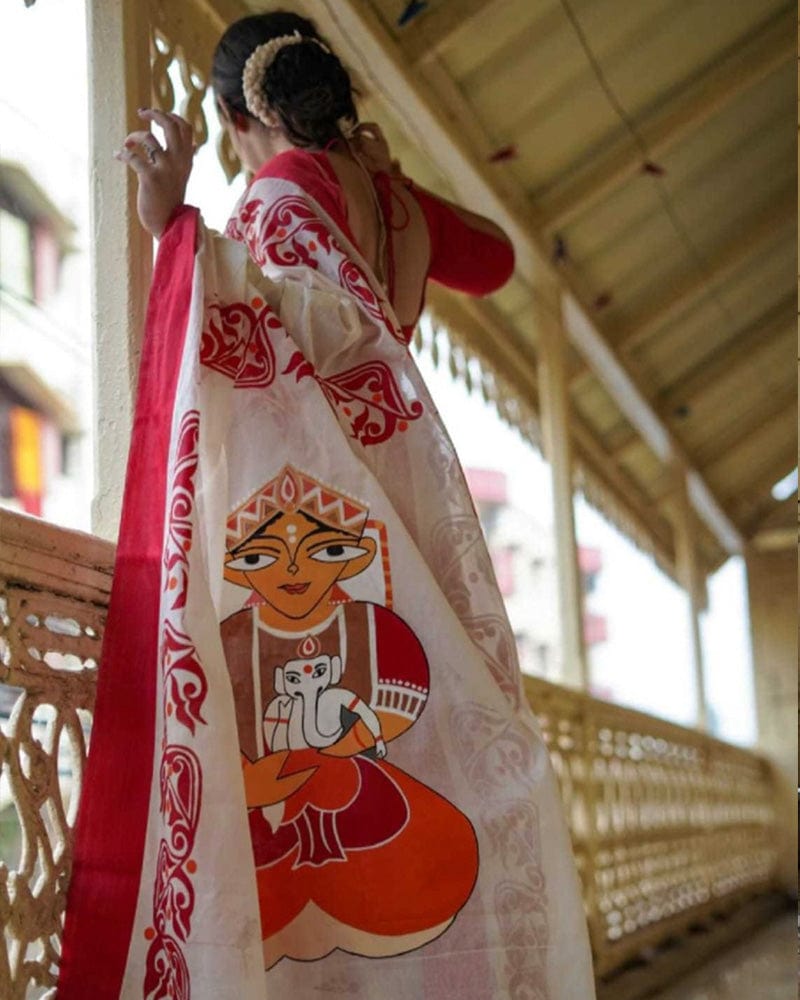 White And Red Color Banarasi Soft Silk Saree