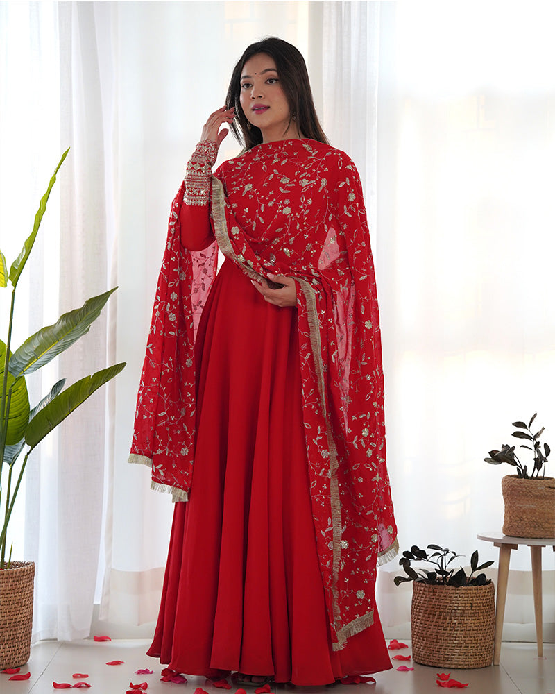 Red Color Soft Georgette Anarkali Gown With Heavy Embroidery Work Dupatta