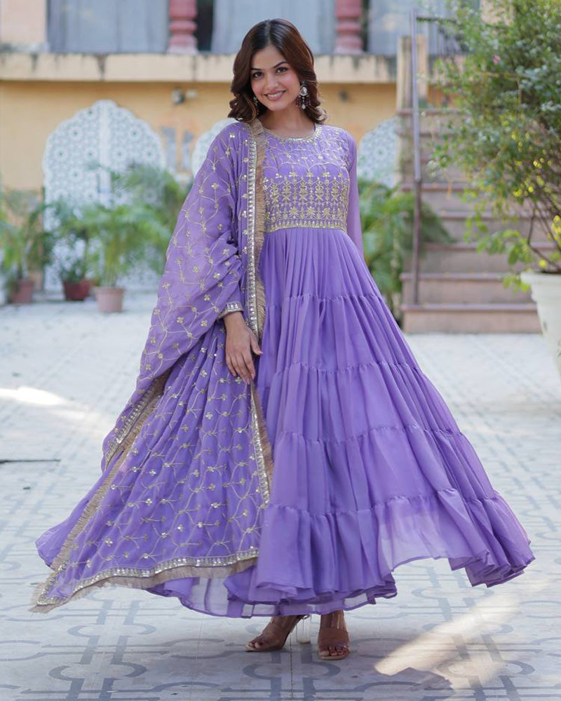 Purple Color Star Georgette Gown With Embroidered Dupatta