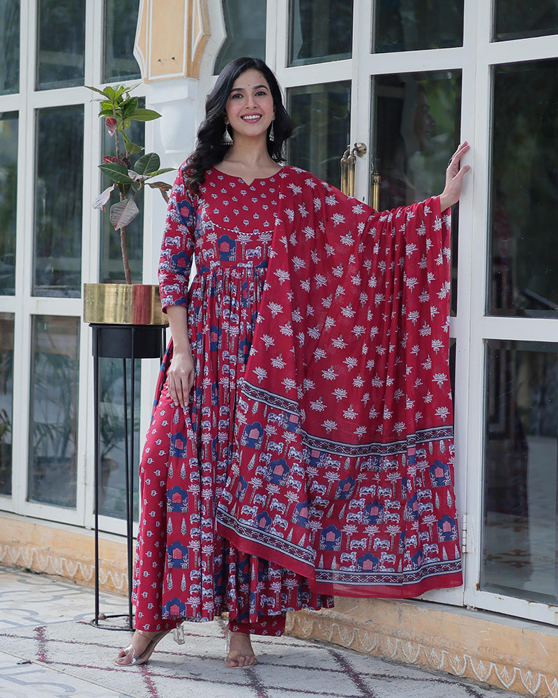 Red Color Printed Pure Cotton Three Piece Kurti Suit