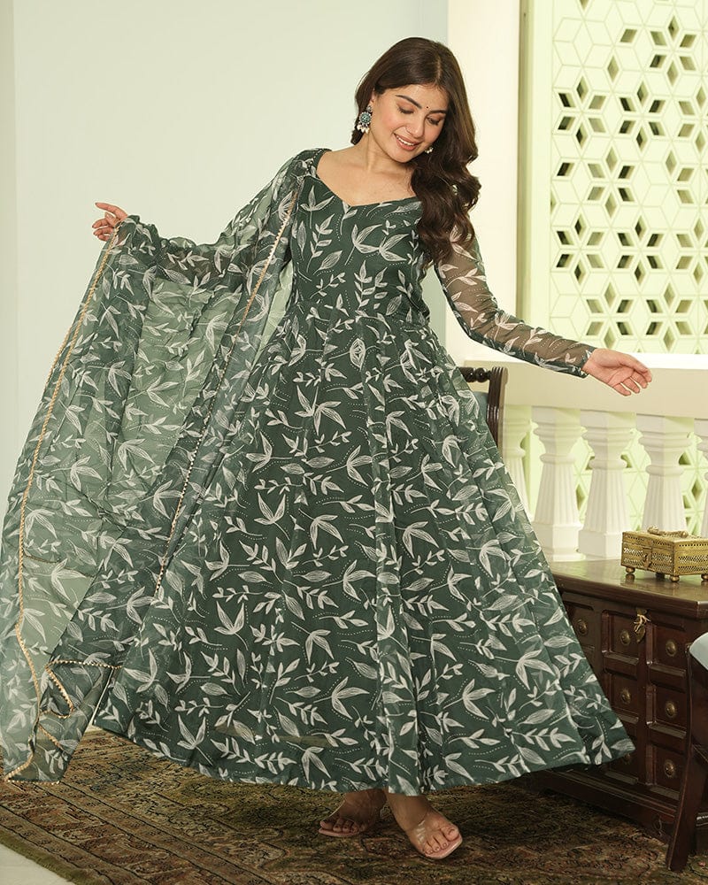 Green Color Printed Tebby Organza Three Piece Anarkali Suit