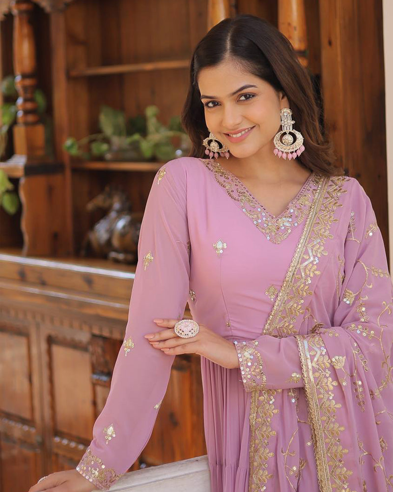 Laveneder Color Faux Georgette Designer Anarkali Gown With Dupatta