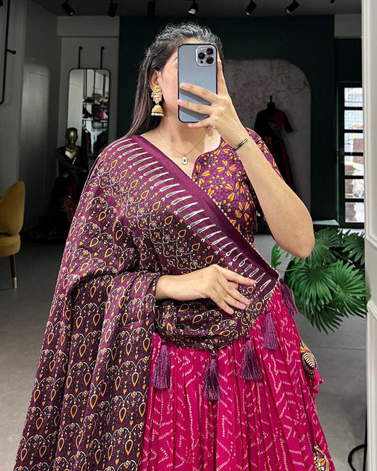 Pink Color Tussar Silk Bandhej Printed Navratri Lehenga Choli