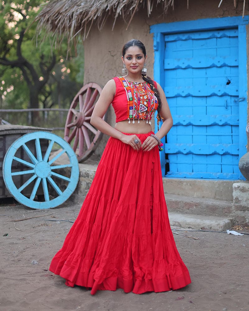 Red Color Rayon Embroidered Navratri Lehenga Choli