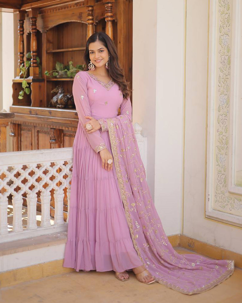 Laveneder Color Faux Georgette Designer Anarkali Gown With Dupatta