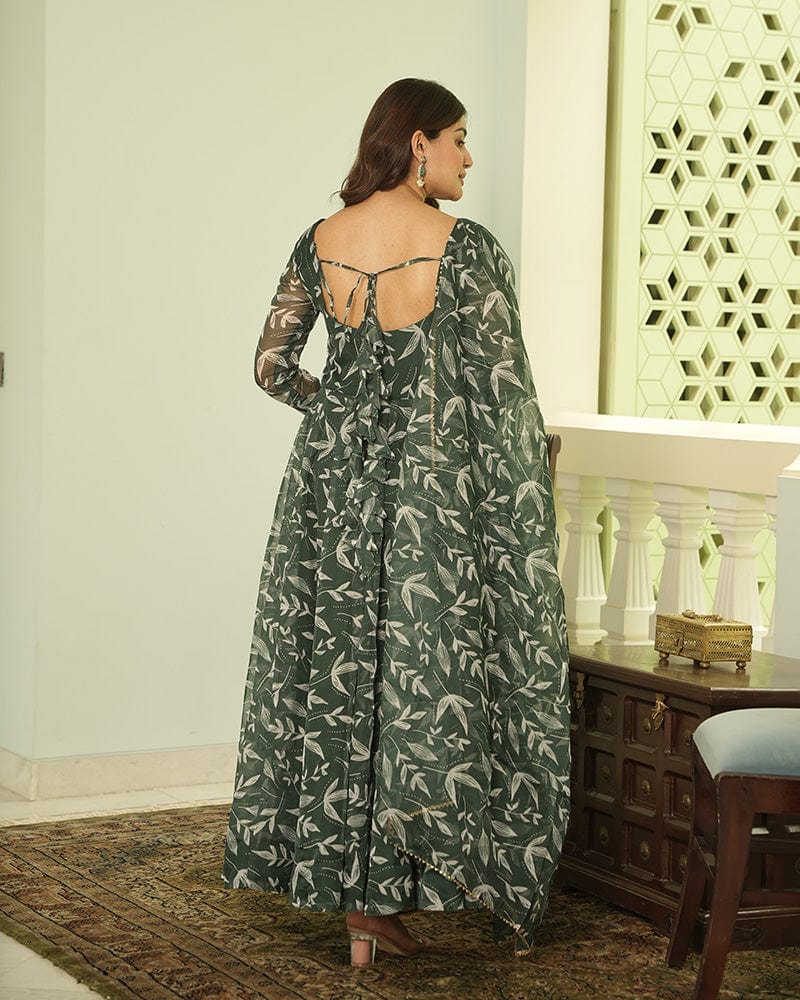 Green Color Printed Tebby Organza Three Piece Anarkali Suit