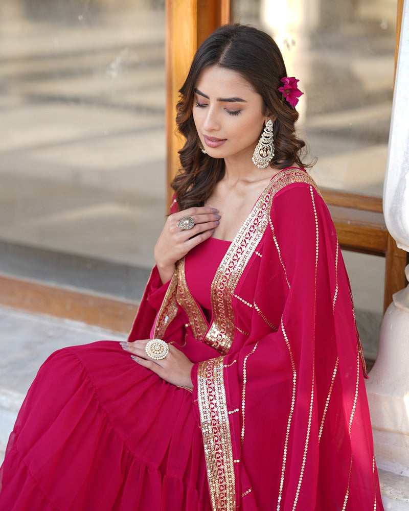 Rani Pink Color Five layer Georgette Anarkali Gown With Dupatta