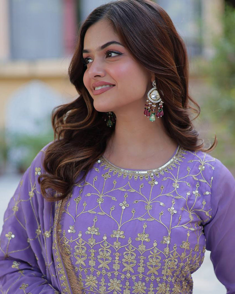 Purple Color Star Georgette Gown With Embroidered Dupatta