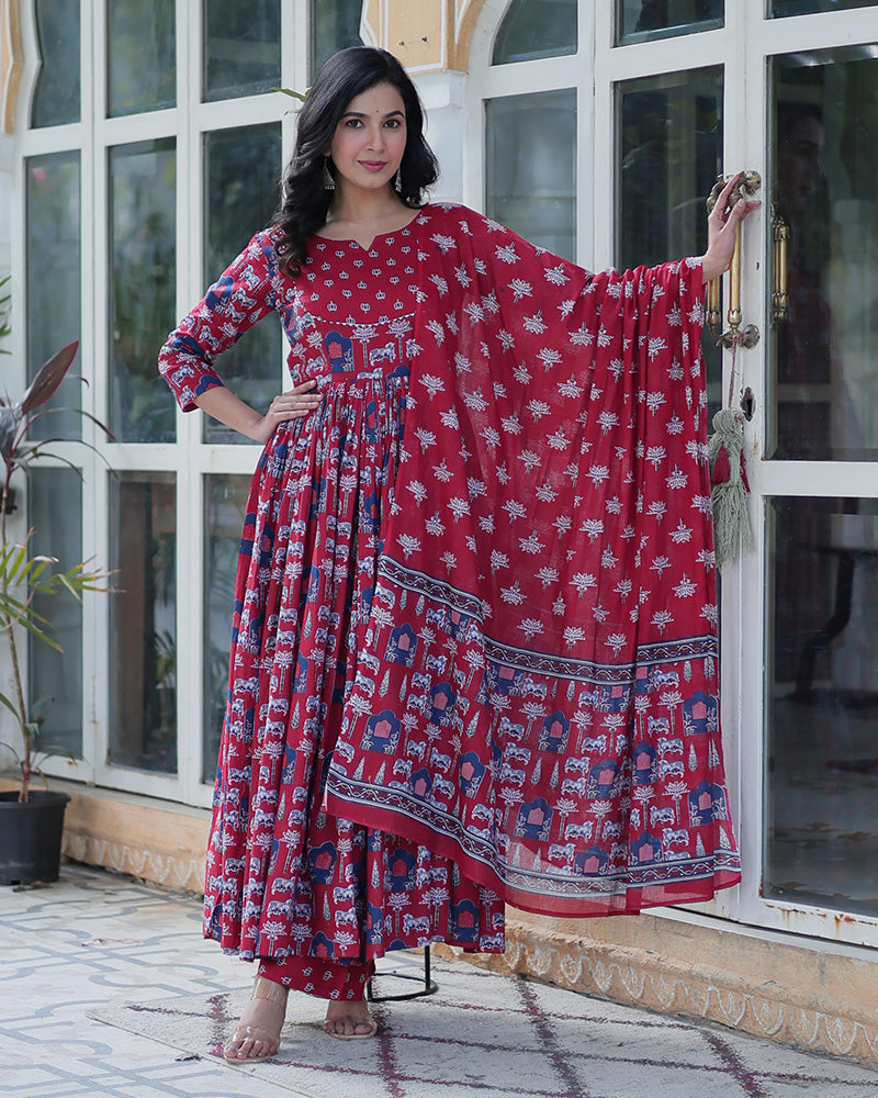 Red Color Printed Pure Cotton Three Piece Kurti Suit