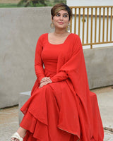 Red Color Faux Georgette Double Layer Anarkali Suit