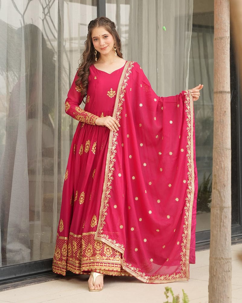 Rani Pink Color Star Georgette Sequence Embroidered Gown