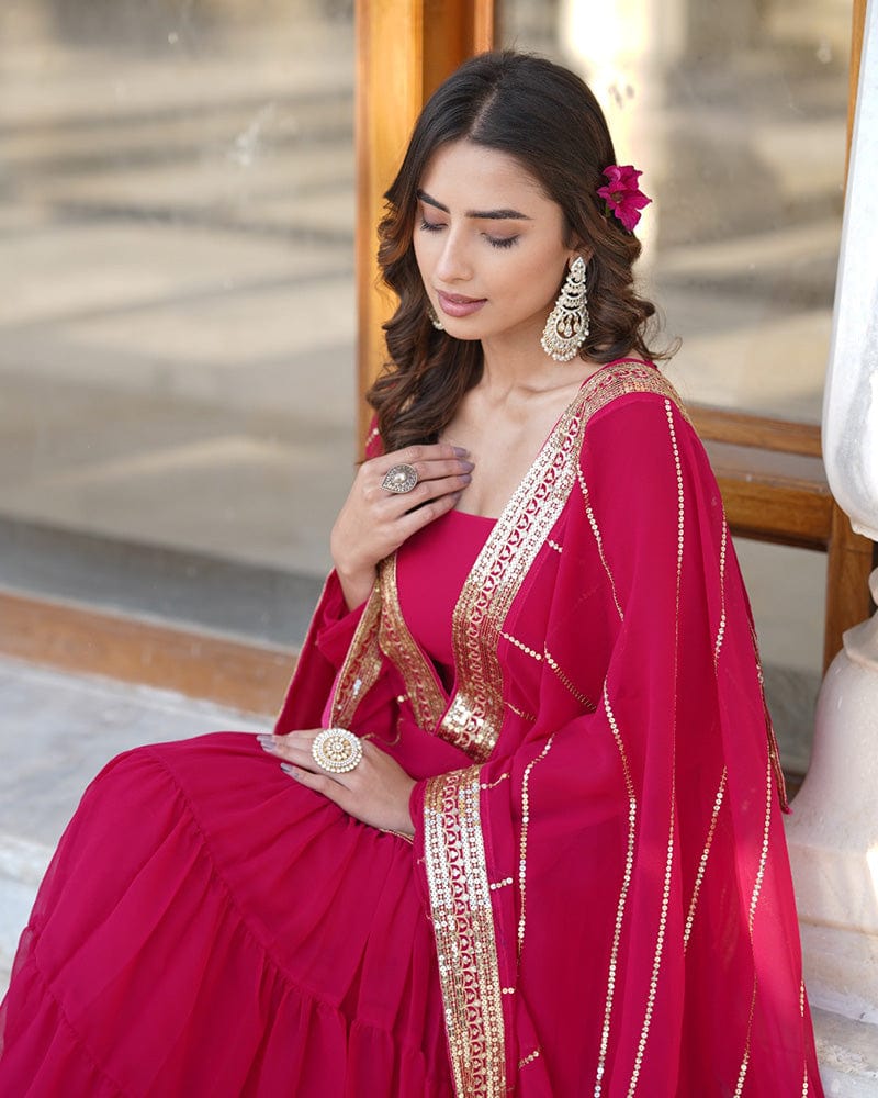 Rani Pink Color Five layer Georgette Anarkali Gown With Dupatta