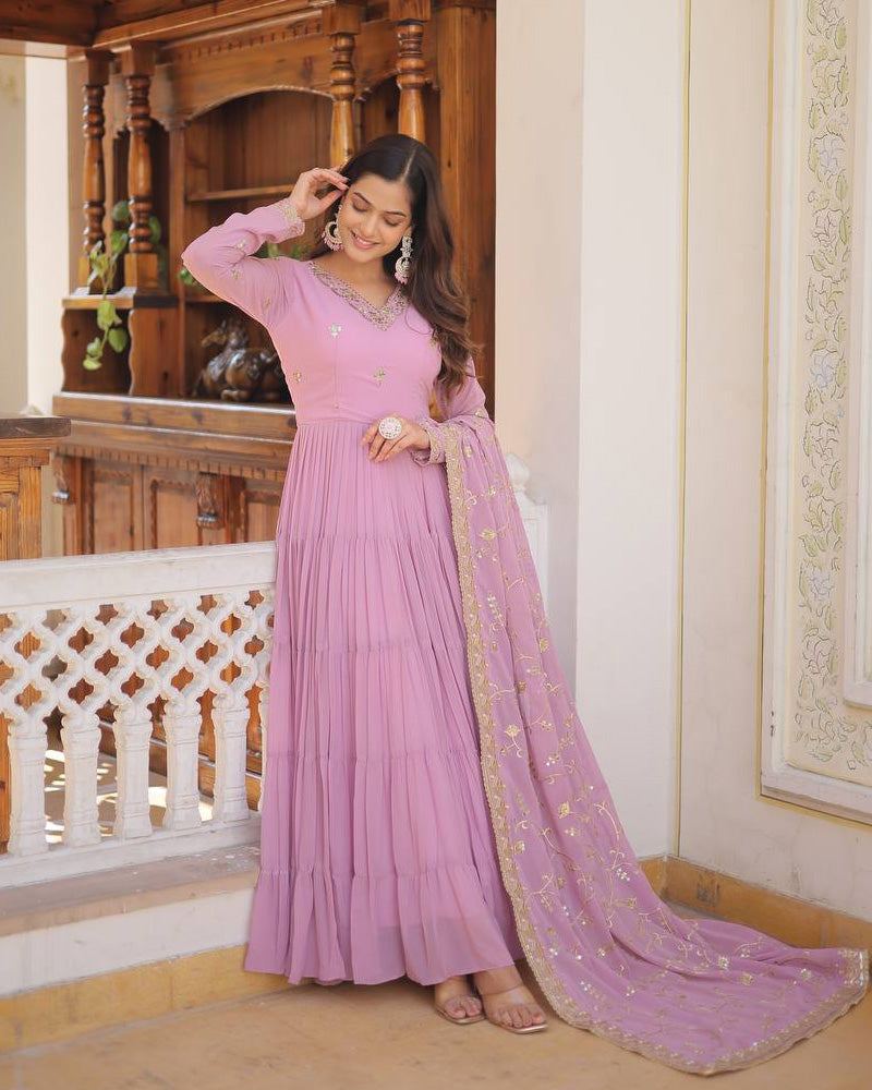 Laveneder Color Faux Georgette Designer Anarkali Gown With Dupatta