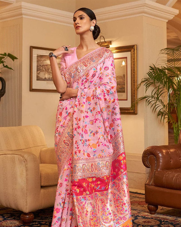 Baby Pink Color Banarasi Kashmiri Pashmina Saree