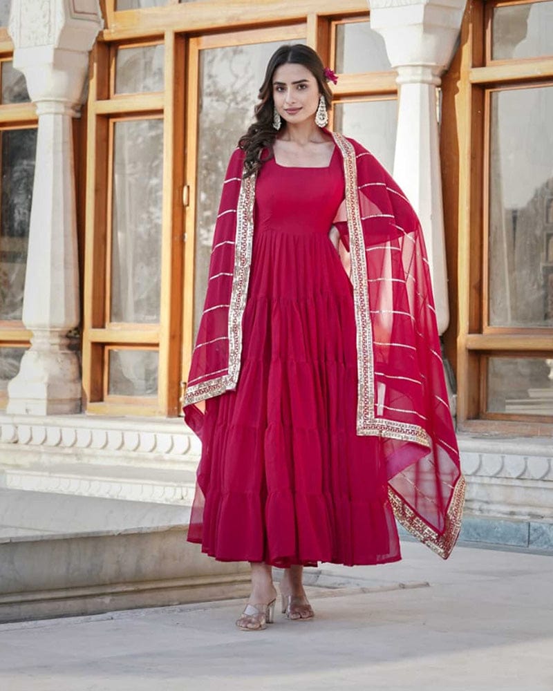 Rani Pink Color Five layer Georgette Anarkali Gown With Dupatta