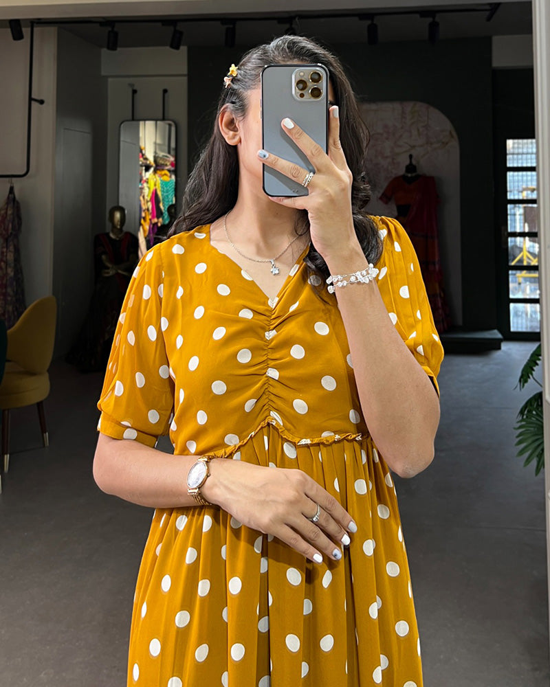 Mustard Color Georgette Dot Printed Long Kurti