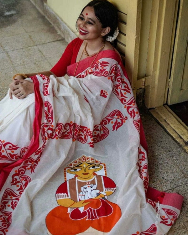 White And Red Color Banarasi Soft Silk Saree