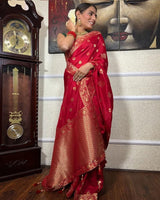 Red Color Big Flower Design Banarasi Soft Silk Saree