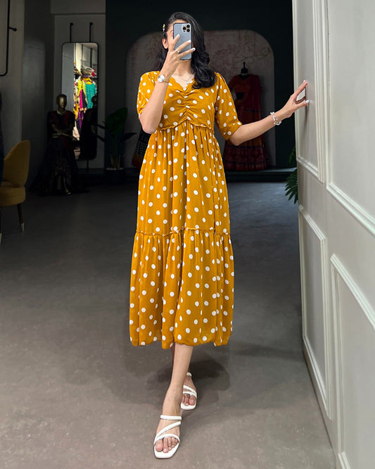 Mustard Color Georgette Dot Printed Long Kurti