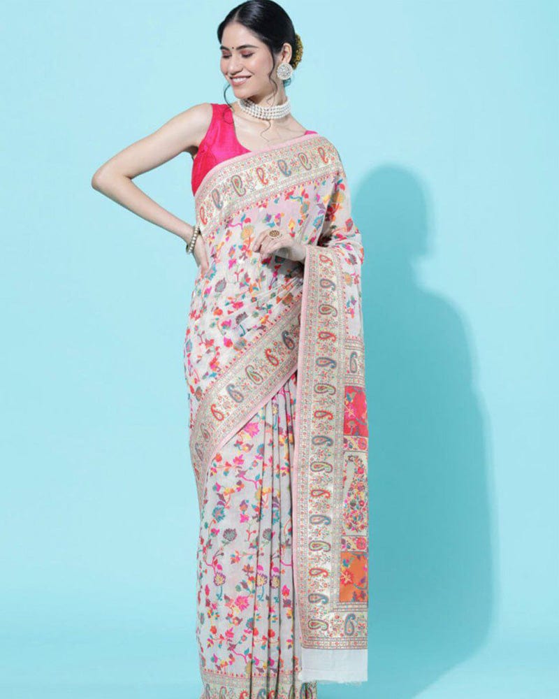 Designer White Colour Banarasi Soft Silk Saree