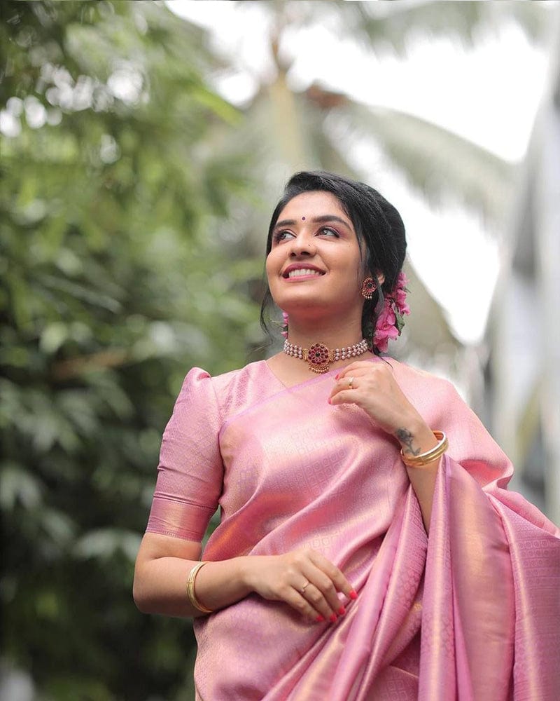 Baby Pink Color Banarasi Soft Silk Saree