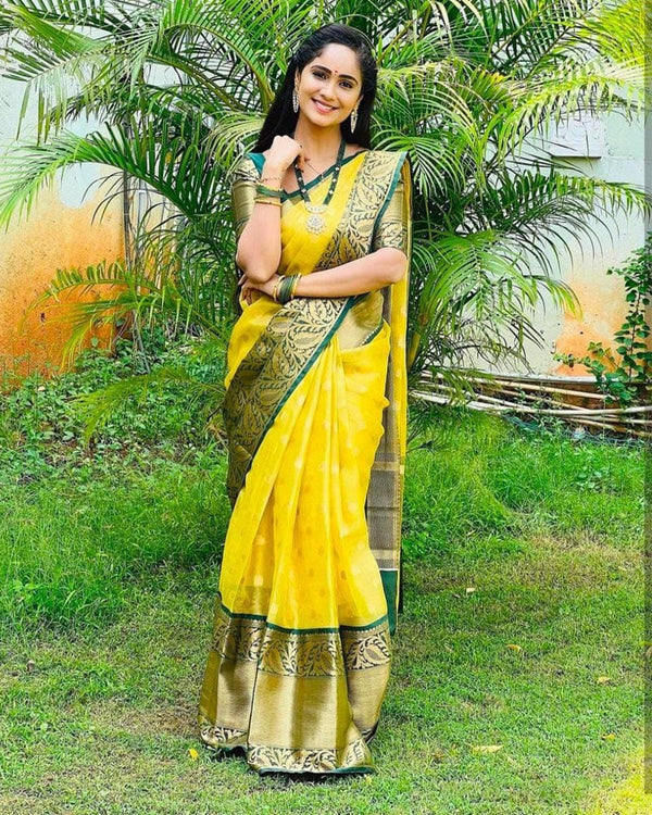 Beautiful Yellow And Green Color Soft Silk Saree