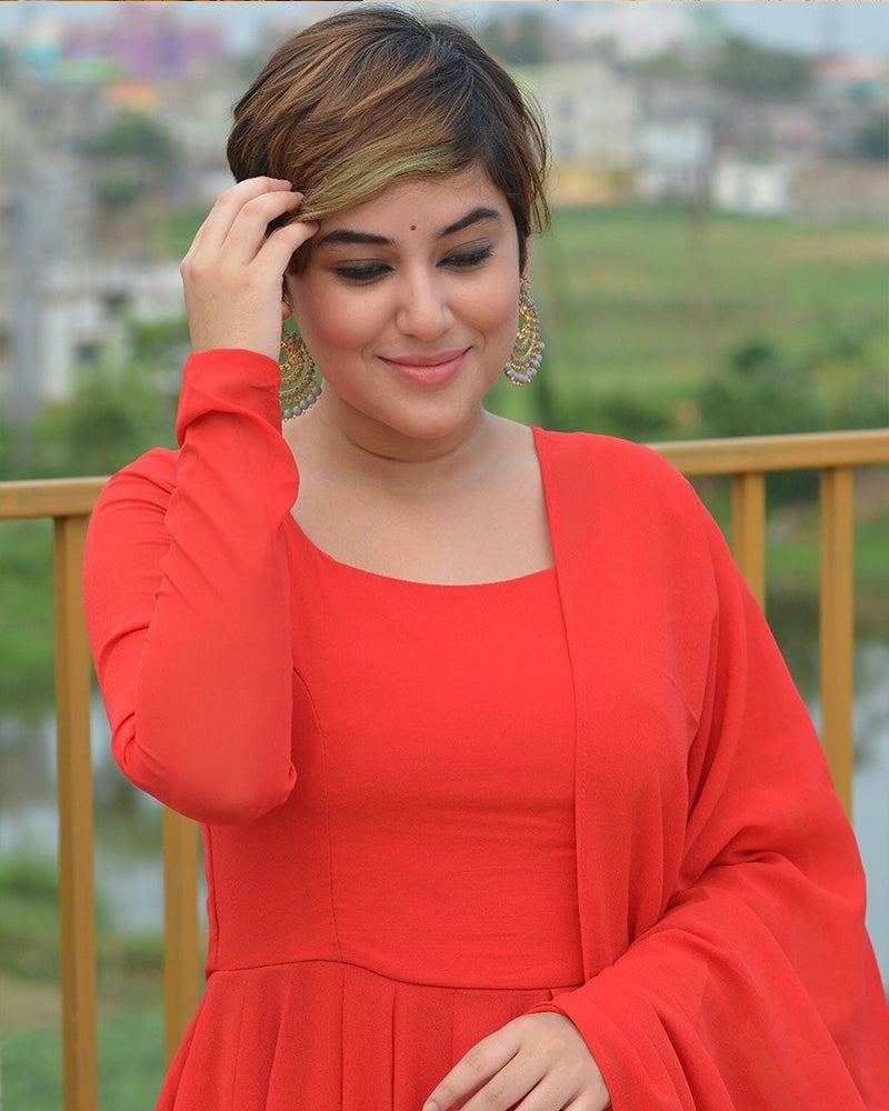 Red Color Faux Georgette Double Layer Anarkali Suit