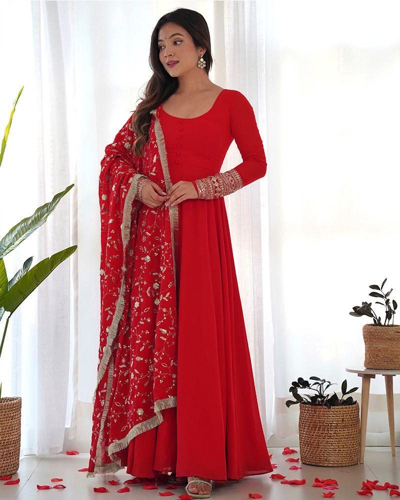 Red Color Soft Georgette Anarkali Gown With Heavy Embroidery Work Dupatta