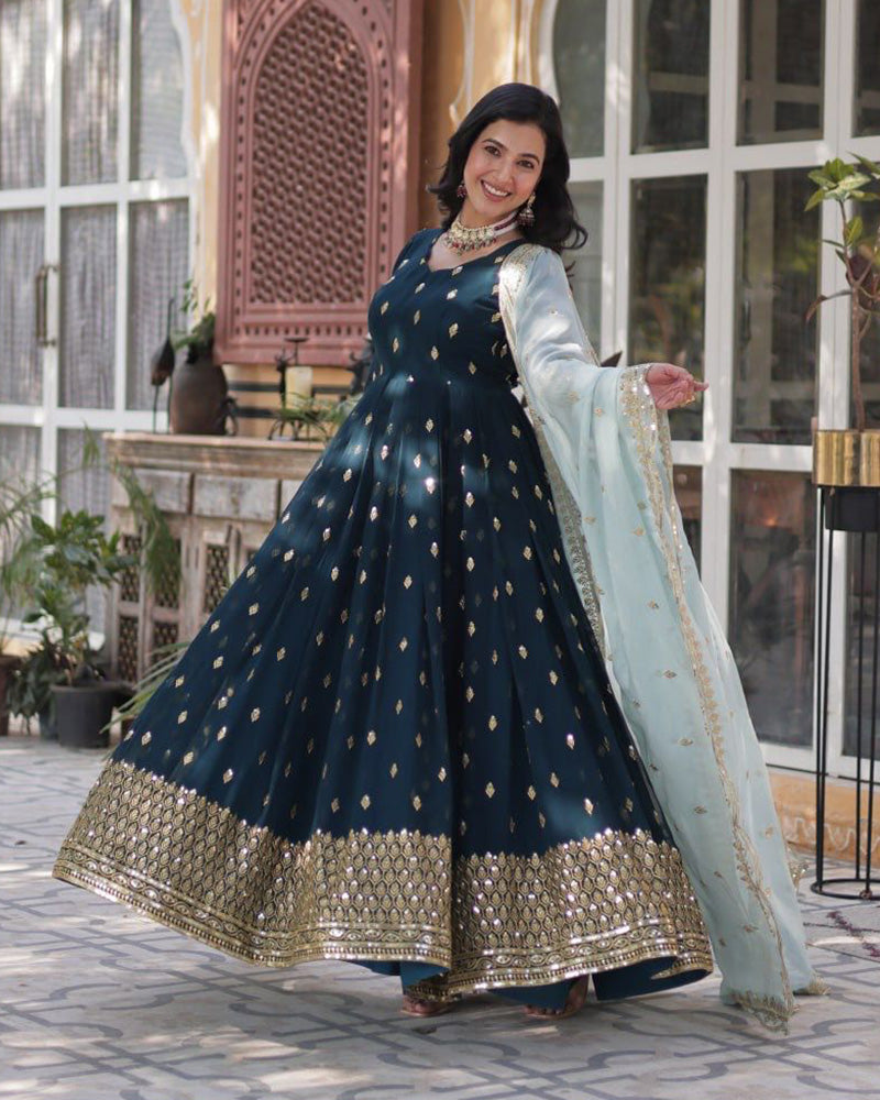 Viking Blue Color Faux Blooming Zari Embroidered Work Gown