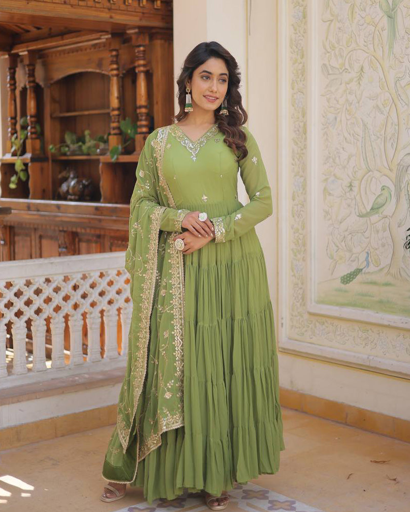 Parrot Green Color Faux Georgette Designer Anarkali Gown With Dupatta