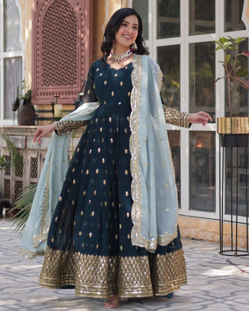 Viking Blue Color Faux Blooming Zari Embroidered Work Gown