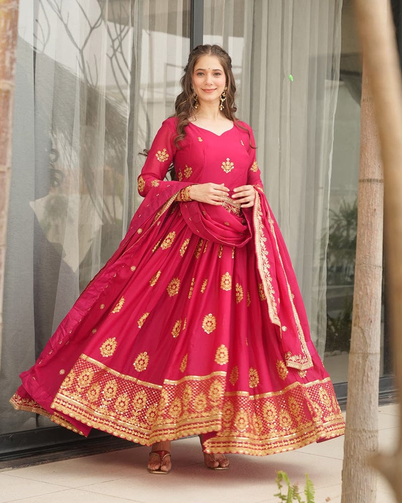 Rani Pink Color Star Georgette Sequence Embroidered Gown