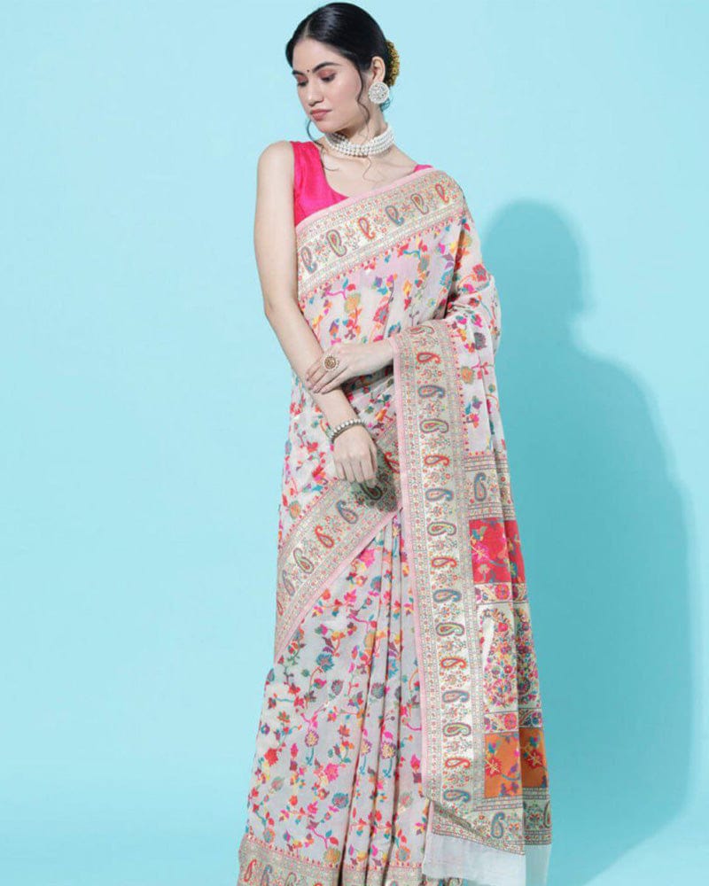 Designer White Colour Banarasi Soft Silk Saree