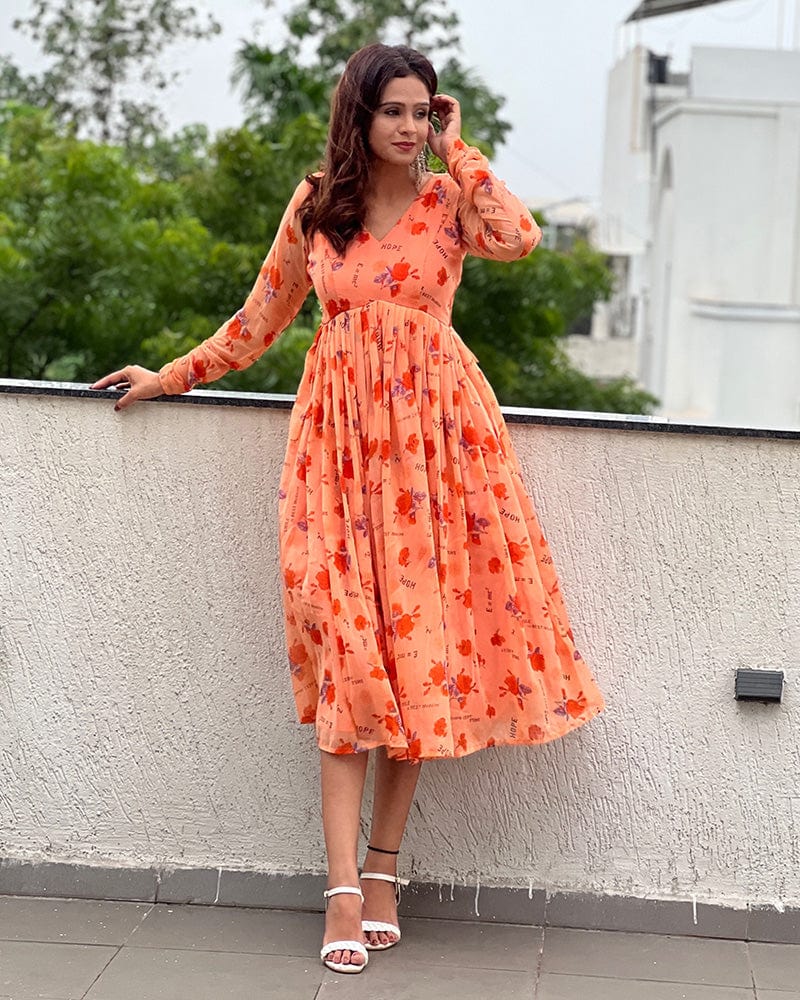 Orange Color Georgette Floral Printed Tunic