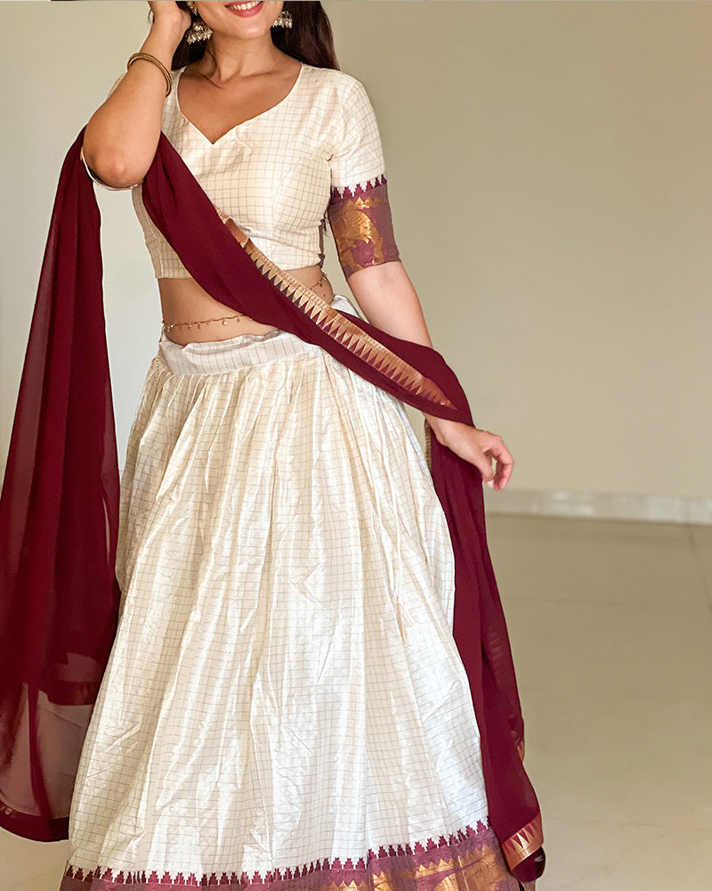 White And Maroon Color Poly Cotton Chex Navratri Lehenga Choli