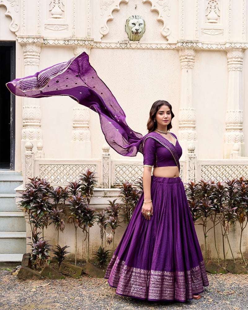 Dark Purple Color Pure Chanderi Plain Navratri Lehenga Choli