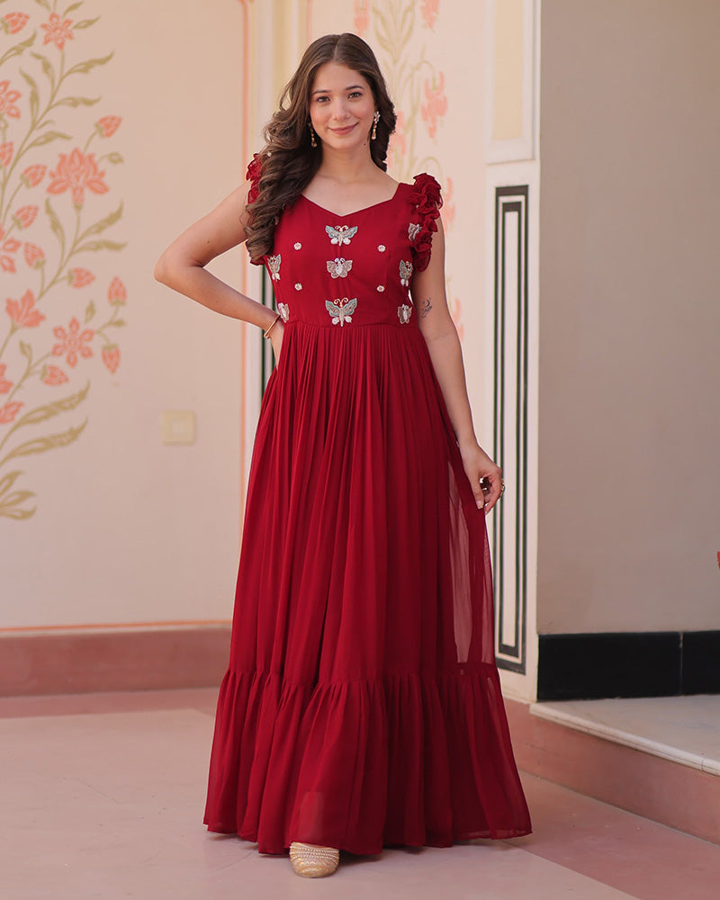 Red Color Faux Blooming Embroidered work Gown