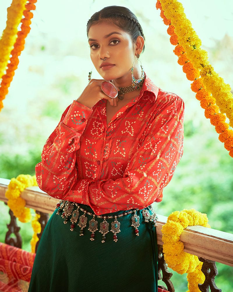 Tomato Red And Green Color Cotton Printed Fully Stitched Navratri Lehenga Choli