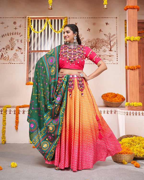 Yellow Pink Color Viscose Rayon Print And Mirror Work Fully Stitched Navratri Lehenga Choli