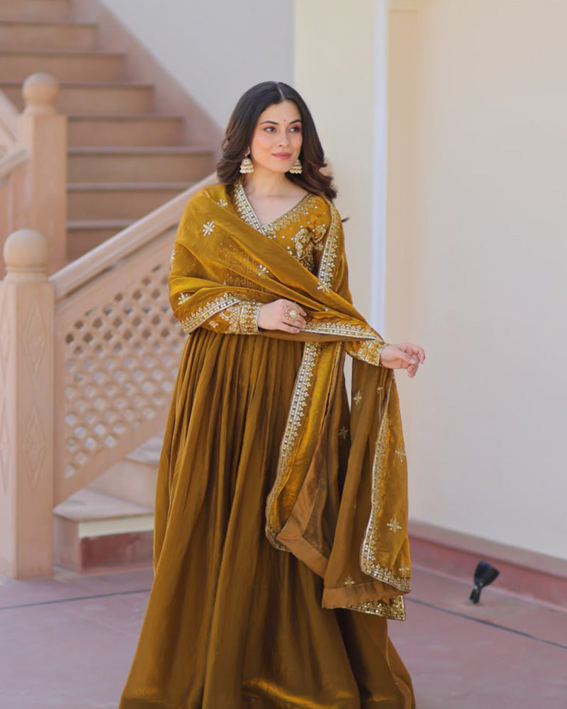 Mehndi Color Fendi Embroidered Gown